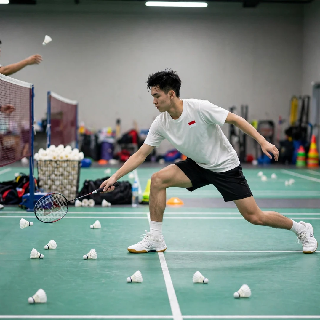 Dendi Triansyah in a multi-shuttle training drill (AI-generated) Dendi Triansyah in a multi-shuttle training drill (AI-generated)