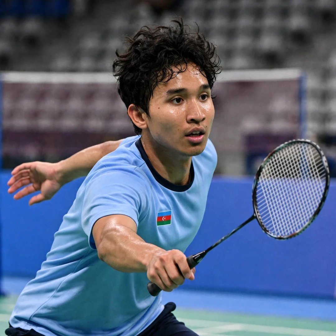 Dicky Dwi Pangestu, Azerbaijani men’s singles badminton player, holding his racket in his right hand (AI-generated) Dicky Dwi Pangestu, Azerbaijani men’s singles badminton player, holding his racket in his right hand (AI-generated)