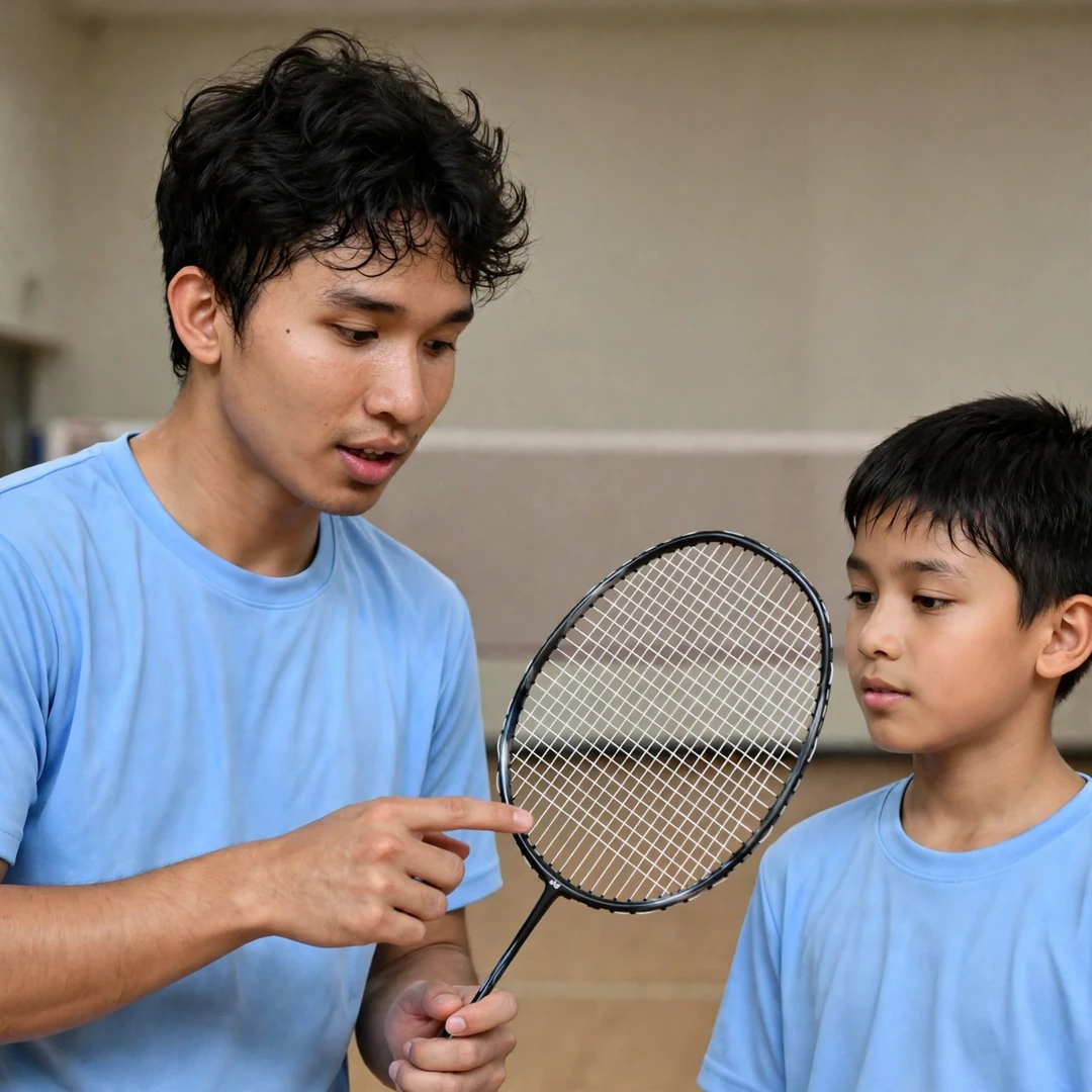 Dicky Dwi Pangestu coaching a junior player at a badminton academy camp (AI-generated) Dicky Dwi Pangestu coaching a junior player at a badminton academy camp (AI-generated)