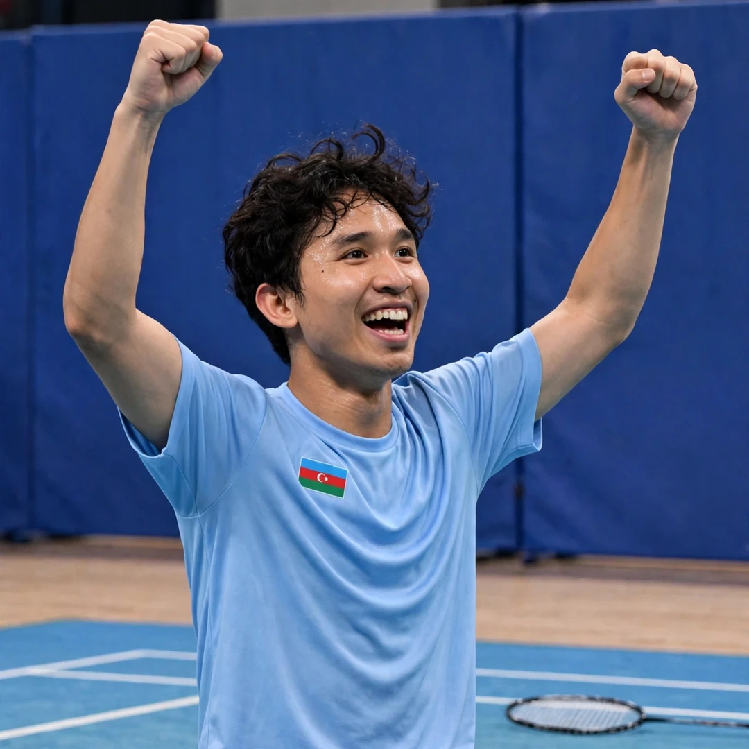 Dicky Dwi Pangestu celebrating a title win with both fists clenched, racket dropped beside him (AI-generated) Dicky Dwi Pangestu celebrating a title win with both fists clenched, racket dropped beside him (AI-generated)