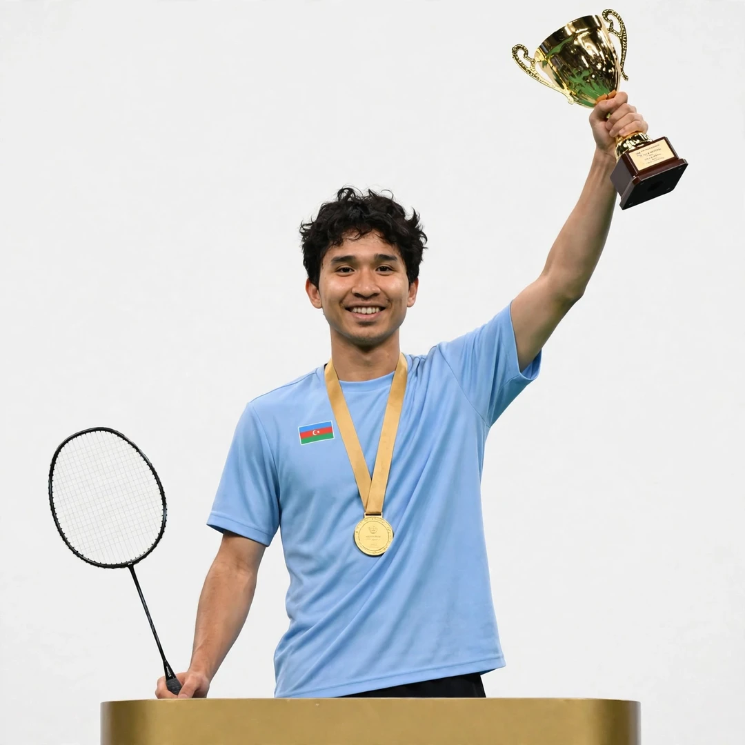 Dicky Dwi Pangestu on the podium with a gold medal, racket in his lowered right hand and trophy raised in his left (AI-generated) Dicky Dwi Pangestu on the podium with a gold medal, racket in his lowered right hand and trophy raised in his left (AI-generated)