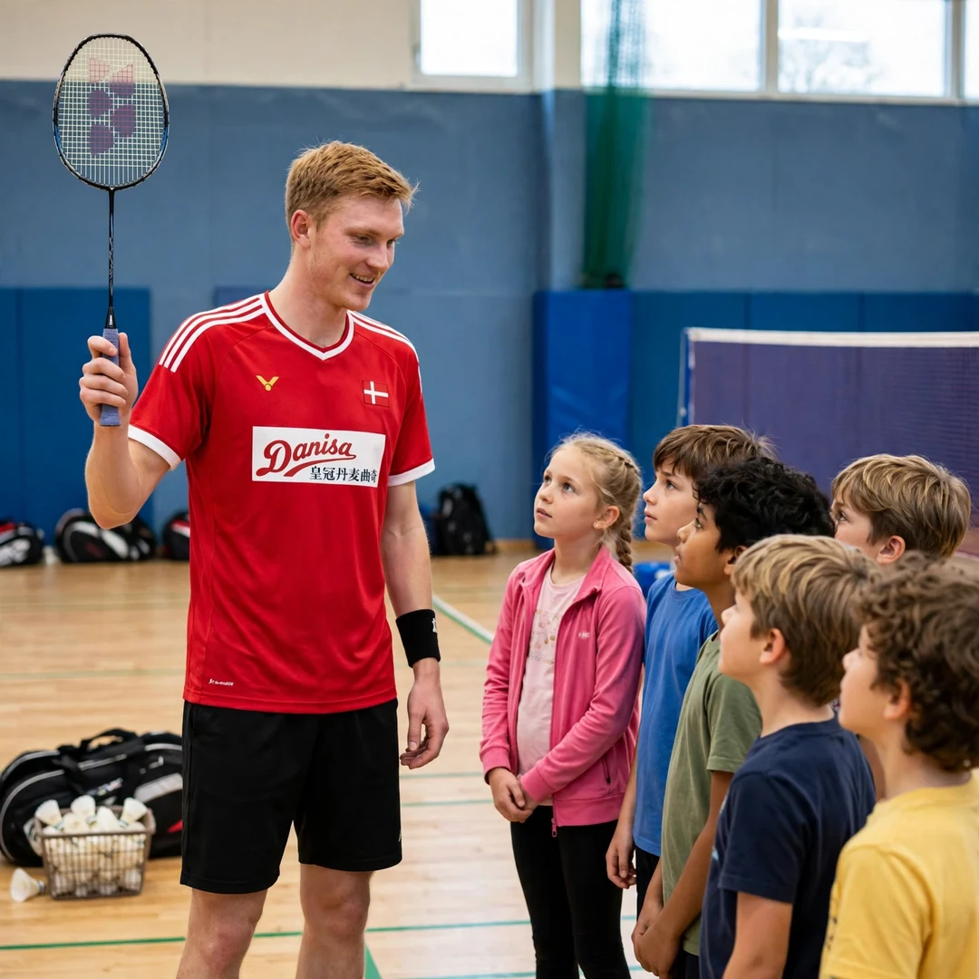 Ditlev Jaeger Holm demonstrating a forehand grip to junior players at a badminton clinic (AI-generated) Ditlev Jaeger Holm demonstrating a forehand grip to junior players at a badminton clinic (AI-generated)
