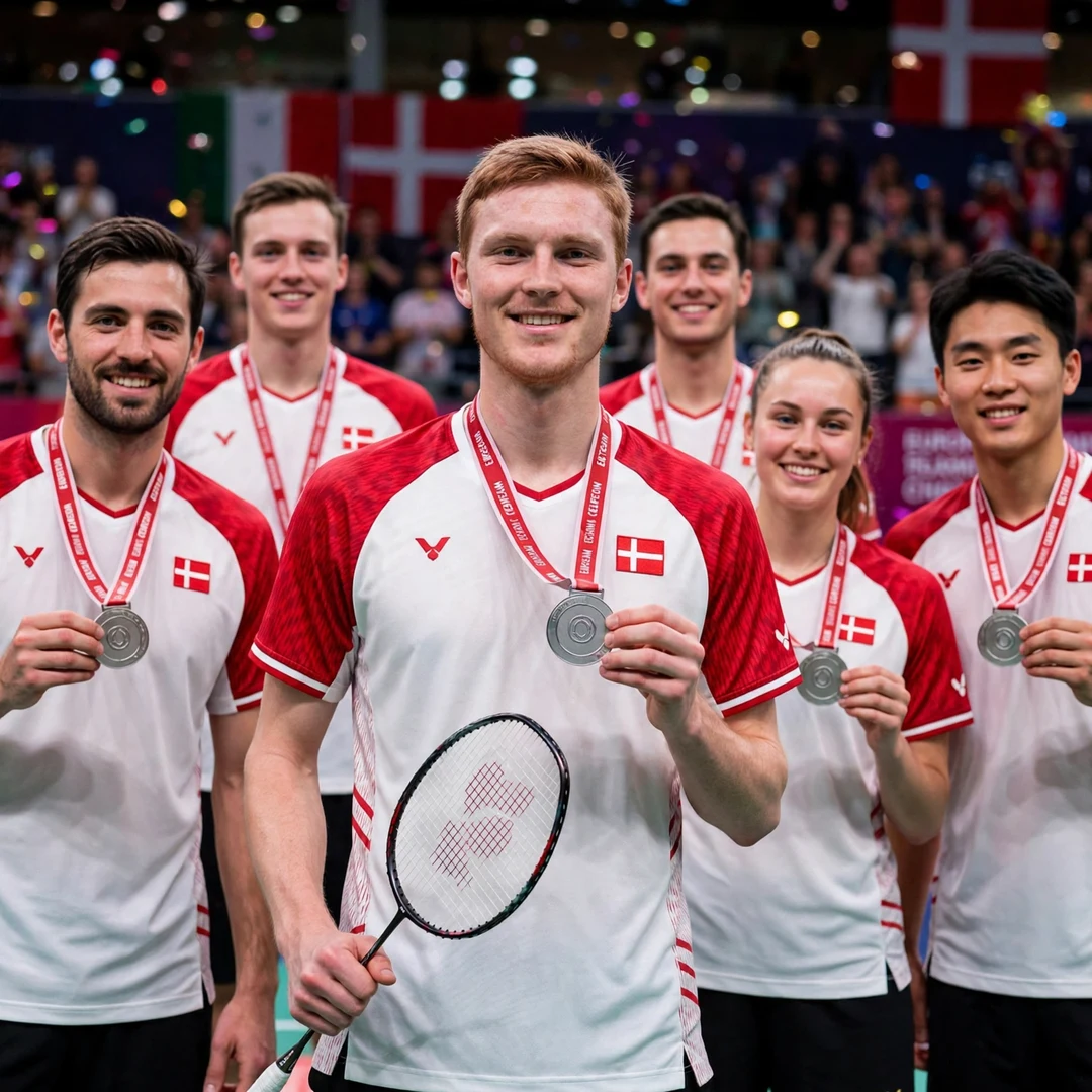 Ditlev Jaeger Holm with his Denmark teammates holding European team silver medals (AI-generated) Ditlev Jaeger Holm with his Denmark teammates holding European team silver medals (AI-generated)