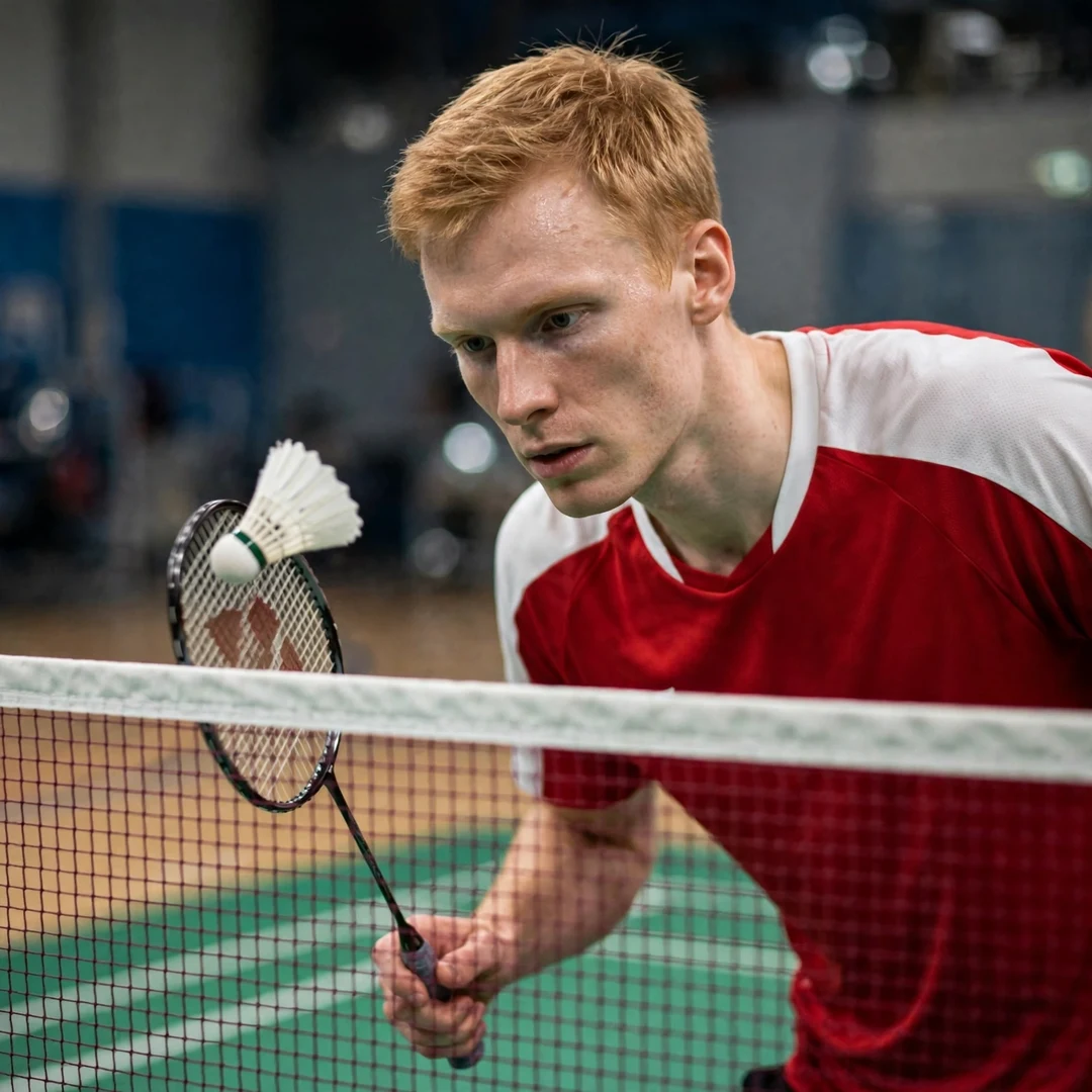 Ditlev Jaeger Holm playing a delicate net shot (AI-generated) Ditlev Jaeger Holm playing a delicate net shot (AI-generated)