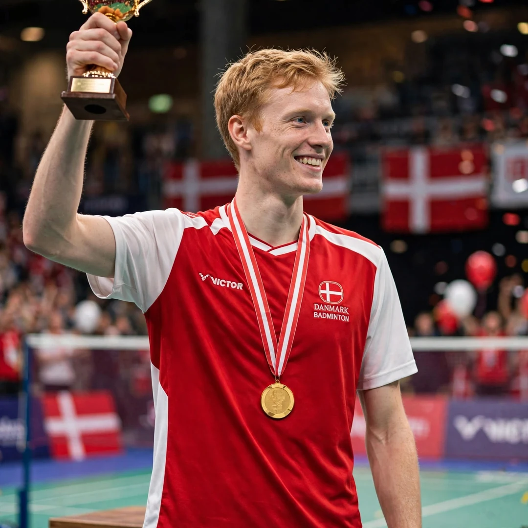 Ditlev Jaeger Holm on the podium holding a trophy and a gold medal (AI-generated) Ditlev Jaeger Holm on the podium holding a trophy and a gold medal (AI-generated)