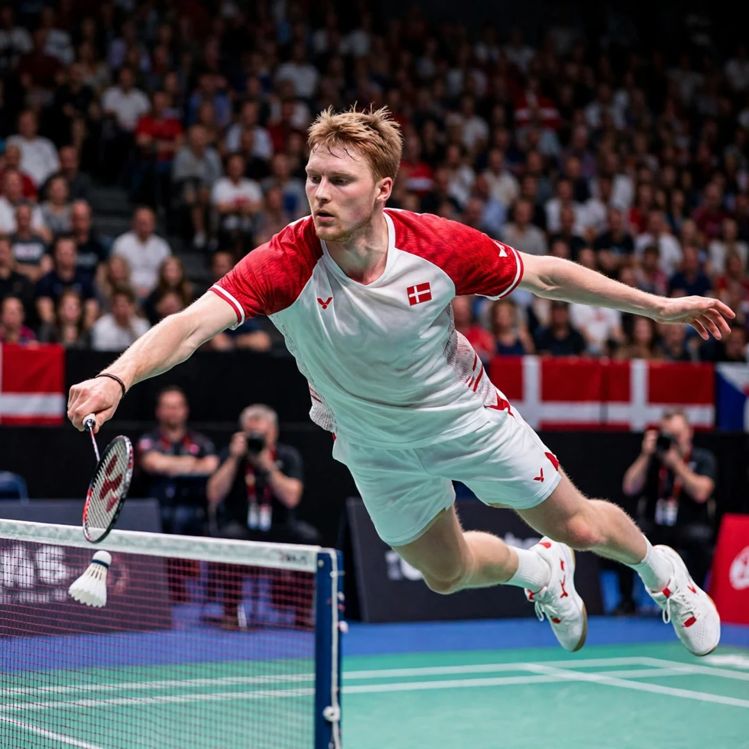 Ditlev Jaeger Holm diving forward for a net shot at the Thomas Cup (AI-generated) Ditlev Jaeger Holm diving forward for a net shot at the Thomas Cup (AI-generated)