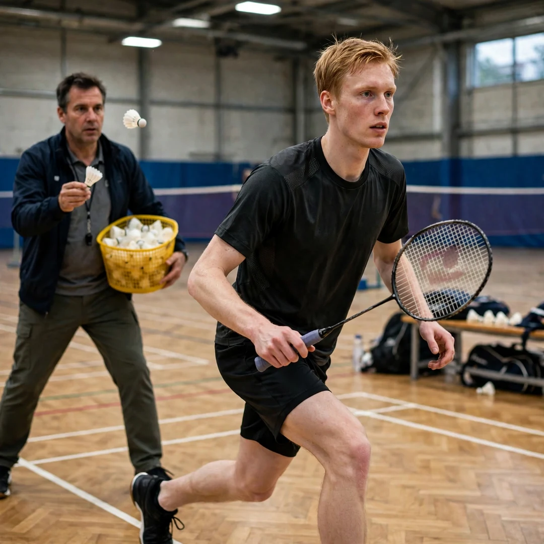 Ditlev Jaeger Holm in a multi-shuttle training drill with his coach (AI-generated) Ditlev Jaeger Holm in a multi-shuttle training drill with his coach (AI-generated)