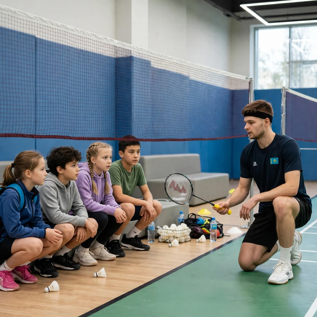 Dmitriy Panarin demonstrating a net shot to junior players at a badminton clinic (AI-generated) Dmitriy Panarin demonstrating a net shot to junior players at a badminton clinic (AI-generated)