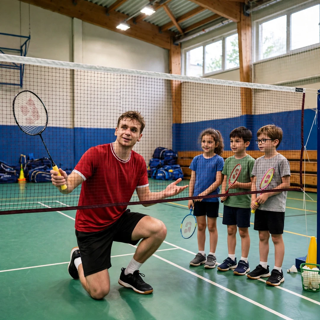 Dominik Kwinta demonstrating a net shot to junior players at a badminton clinic (AI-generated) Dominik Kwinta demonstrating a net shot to junior players at a badminton clinic (AI-generated)