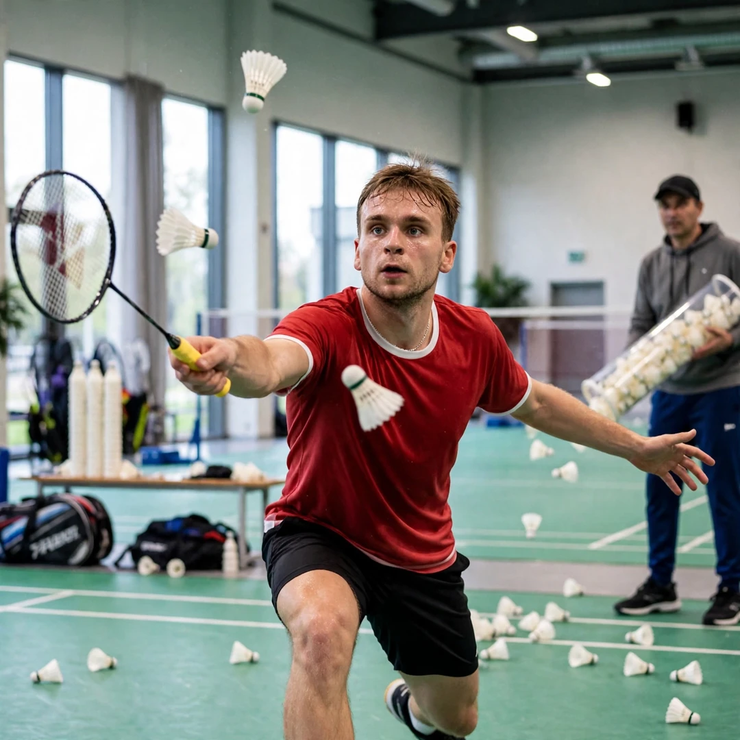 Dominik Kwinta in a multi-shuttle training drill (AI-generated) Dominik Kwinta in a multi-shuttle training drill (AI-generated)