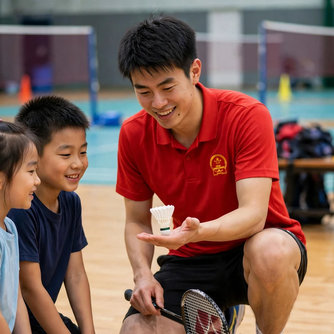 Dong Tian Yao junior clinic Dong Tian Yao showing a shuttlecock to junior players at a badminton clinic (AI-generated)