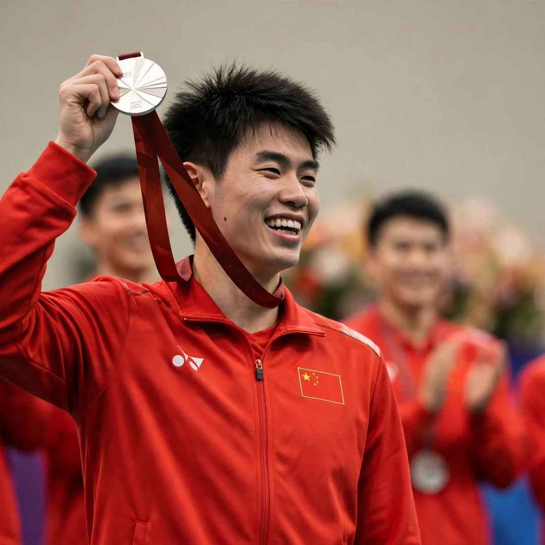 Dong Tian Yao Asia Team Championships silver medal Dong Tian Yao holding up his silver medal with the China team at the 2026 Badminton Asia Team Championships (AI-generated)