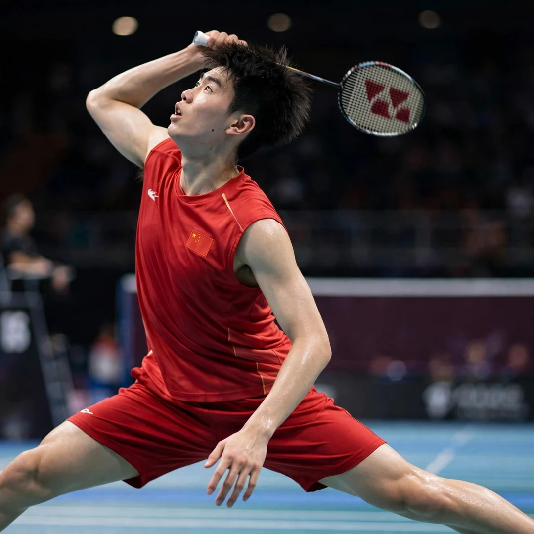 Dong Tian Yao backhand clear Dong Tian Yao playing a backhand clear from the deep backhand corner (AI-generated)