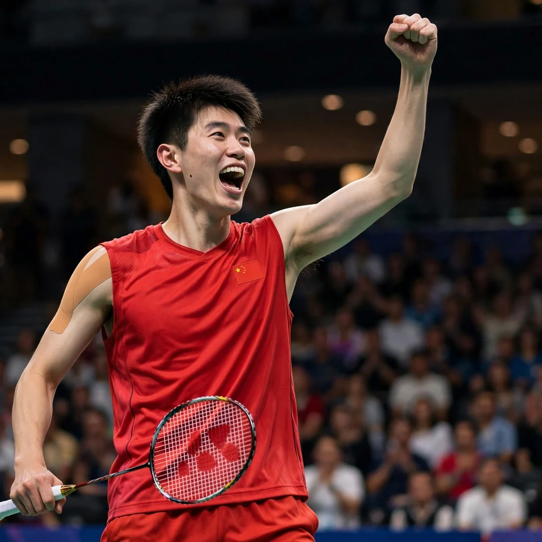 Dong Tian Yao celebration Dong Tian Yao celebrating a victory with a fist pump, racket in his right hand (AI-generated)