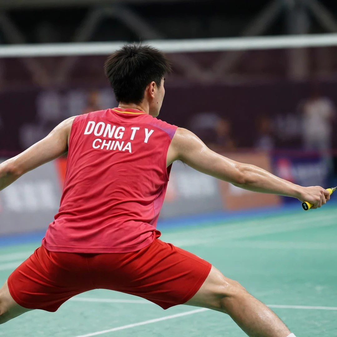 Dong Tian Yao defensive lunge Dong Tian Yao stretched wide in defence, seen from behind (AI-generated)