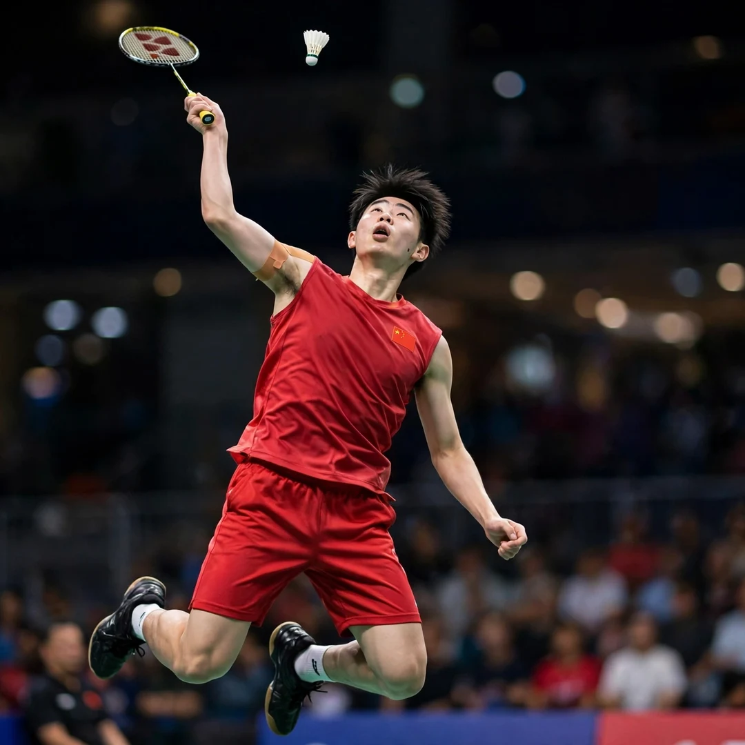 Dong Tian Yao Malaysia Super 100 jump smash Dong Tian Yao hitting a jump smash during his 2025 Malaysia Super 100 title run (AI-generated)