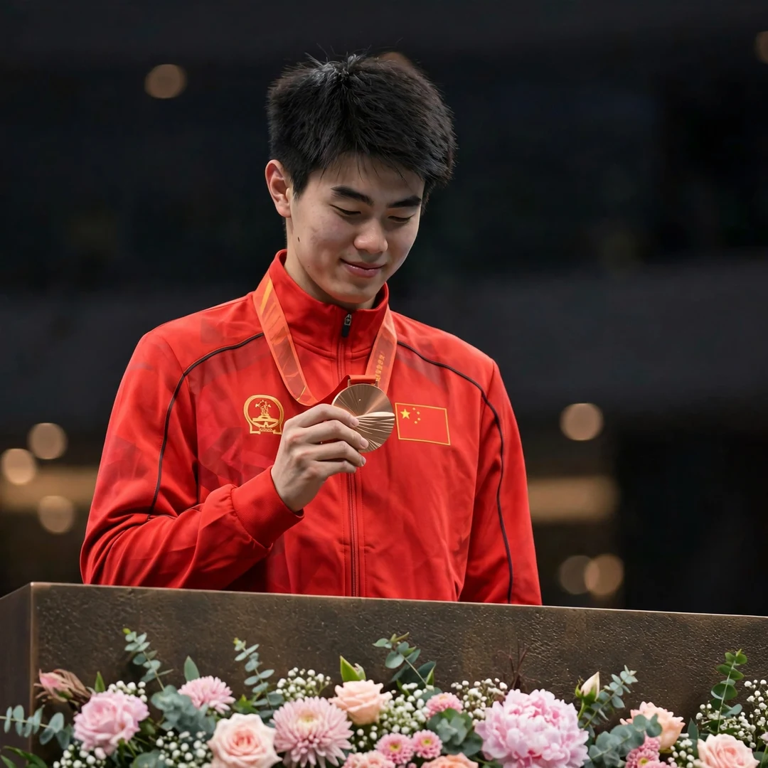 Dong Tian Yao National Games bronze medal Dong Tian Yao with his bronze medal from the 2025 China National Games in Shenzhen (AI-generated)