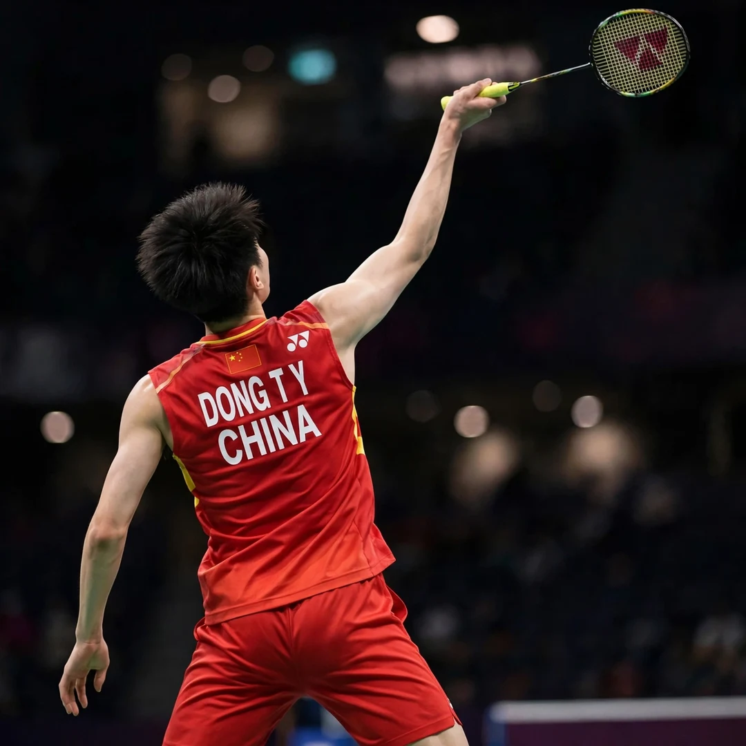Dong Tian Yao rear-court attack Dong Tian Yao playing a rear-court overhead shot, seen from behind (AI-generated)