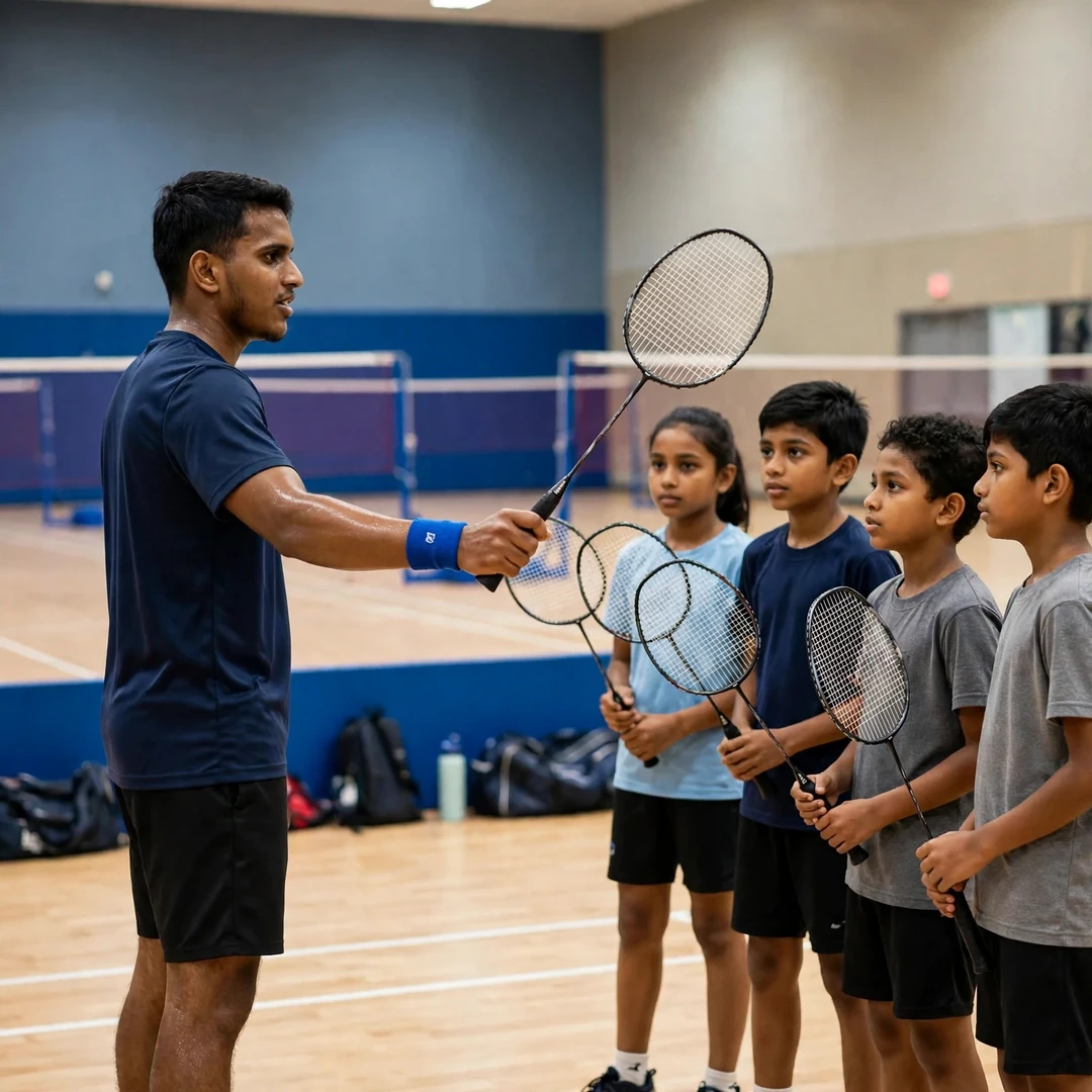 Dumindu Abeywickrama demonstrating technique to young academy students (AI-generated)