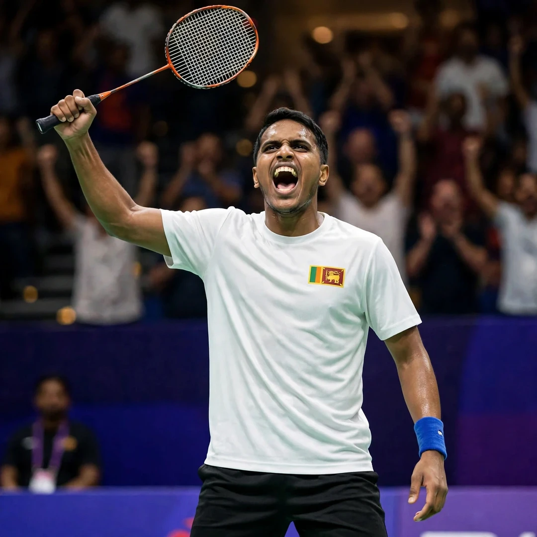 Dumindu Abeywickrama roaring in celebration after winning a long rally (AI-generated)