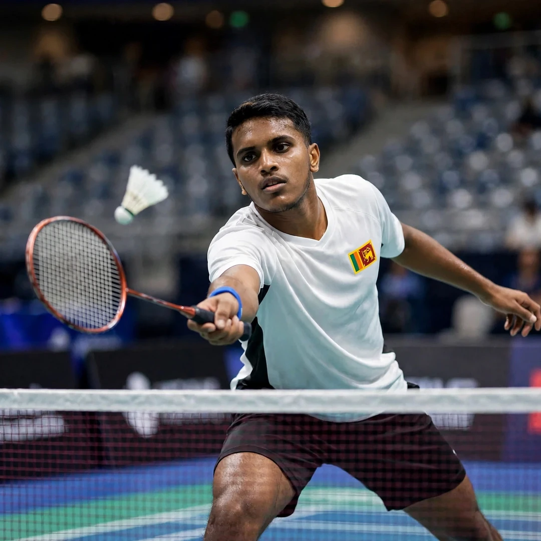 Dumindu Abeywickrama lunging at the net during the Commonwealth Games in Birmingham (AI-generated)