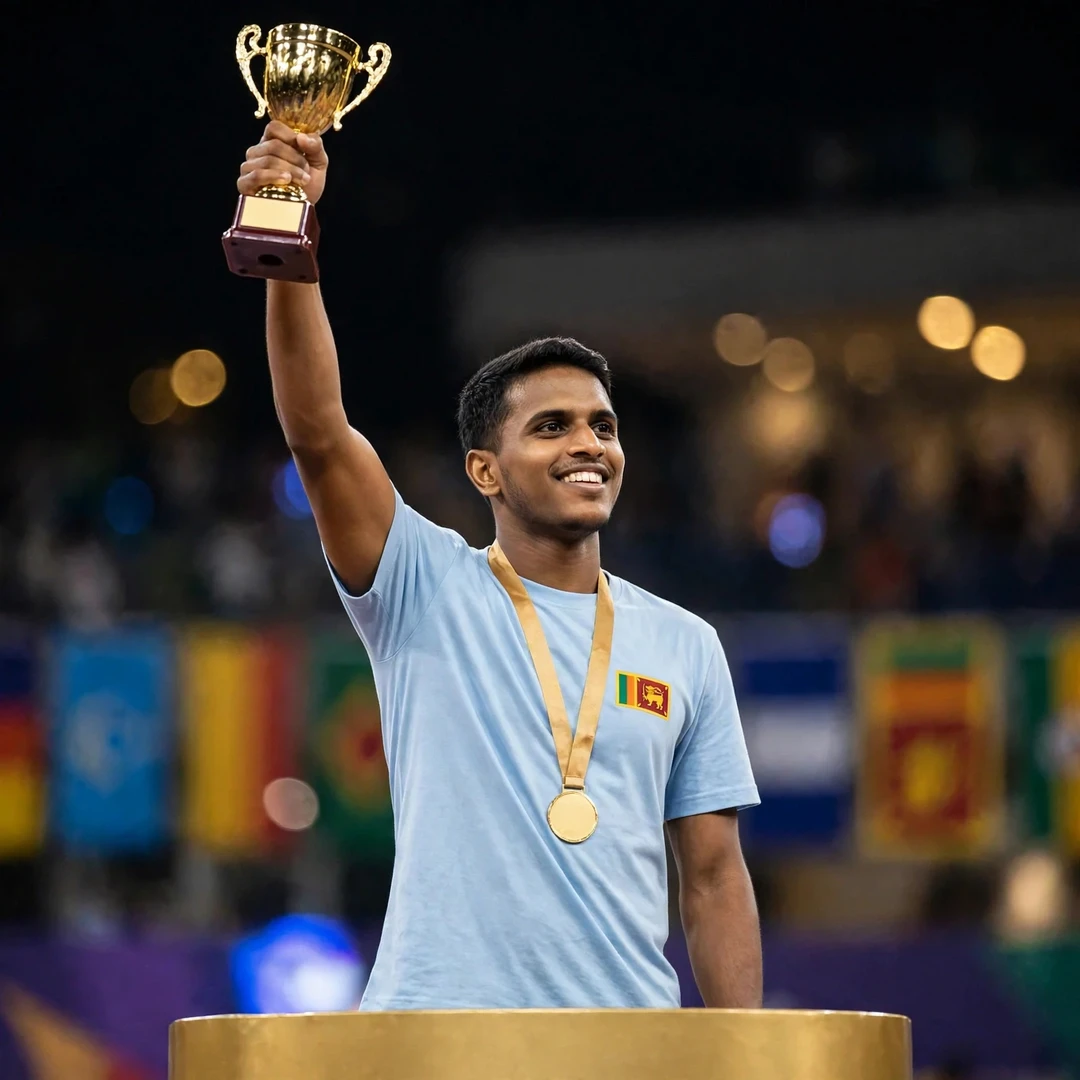 Dumindu Abeywickrama lifting the trophy on the podium after winning the Guatemala International Challenge 2025 (AI-generated)