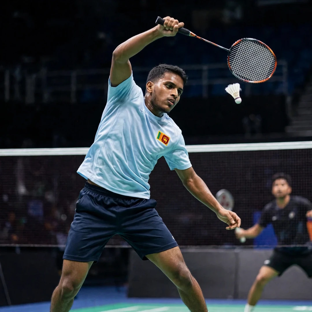 Dumindu Abeywickrama hitting a steep cross-court jump smash (AI-generated)