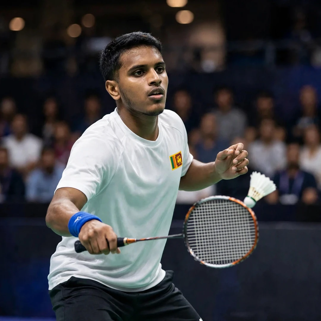 Dumindu Abeywickrama playing a deceptive late forehand cross-court shot (AI-generated)