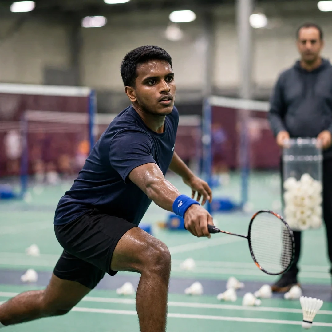 Dumindu Abeywickrama in a multi-shuttle training drill at his Seattle training base (AI-generated)