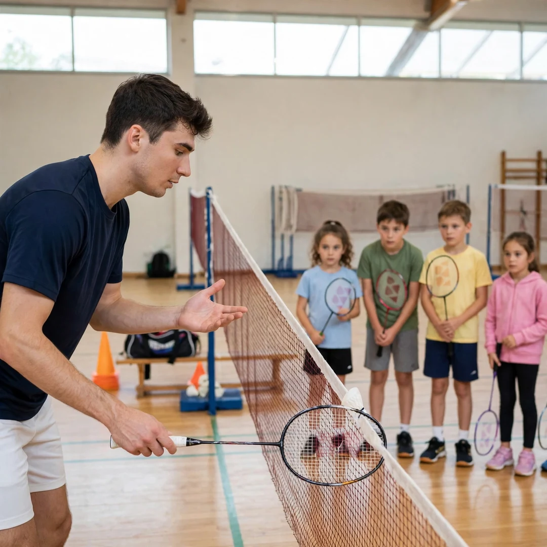 Enogat Roy demonstrating a net shot to junior players at a badminton clinic (AI-generated) Enogat Roy demonstrating a net shot to junior players at a badminton clinic (AI-generated)