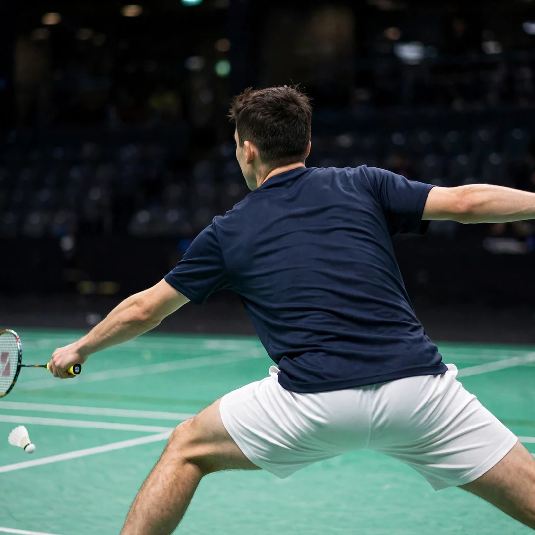 Enogat Roy stretched out on the backhand side, racket in his left hand, seen from behind (AI-generated) Enogat Roy stretched out on the backhand side, racket in his left hand, seen from behind (AI-generated)