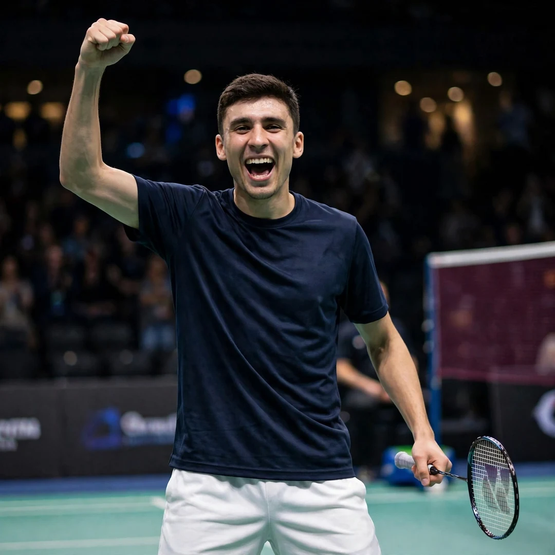 Enogat Roy celebrating a match victory, racket in his left hand (AI-generated) Enogat Roy celebrating a match victory, racket in his left hand (AI-generated)