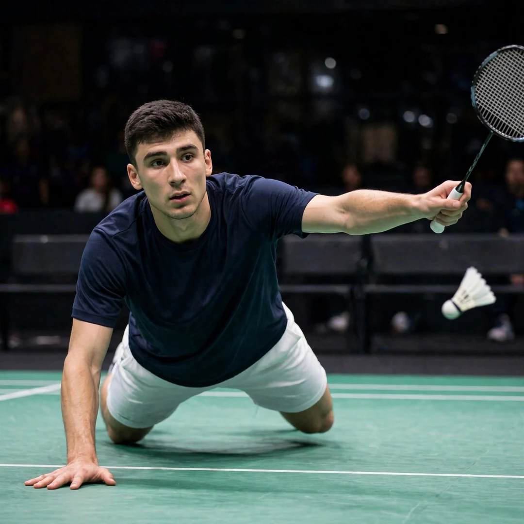 Enogat Roy in a full-stretch defensive dive, racket in his left hand (AI-generated) Enogat Roy in a full-stretch defensive dive, racket in his left hand (AI-generated)