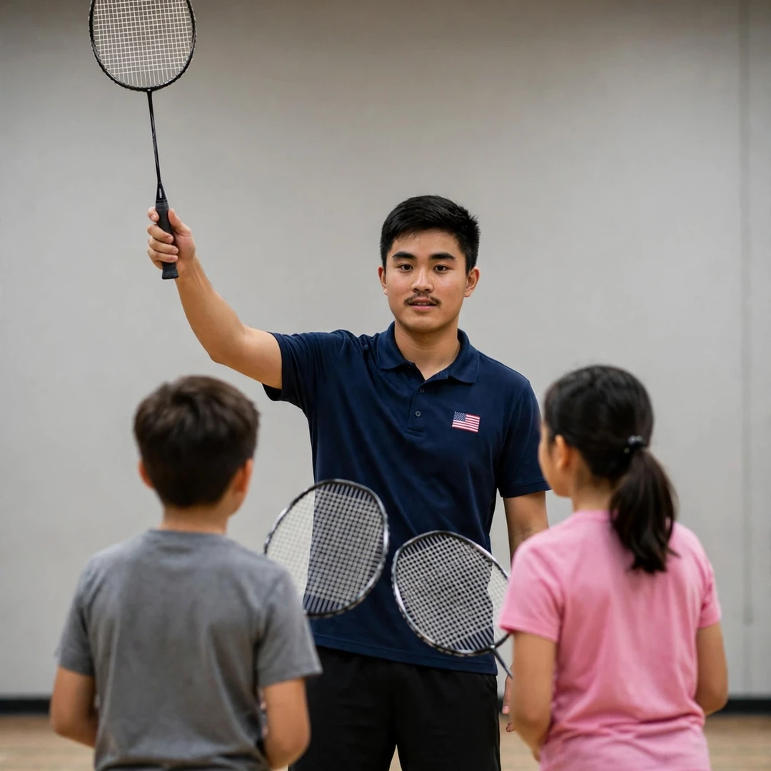 Enrico Keoni Asuncion demonstrating a forehand grip to junior players at a badminton clinic (AI-generated) Enrico Keoni Asuncion demonstrating a forehand grip to junior players at a badminton clinic (AI-generated)