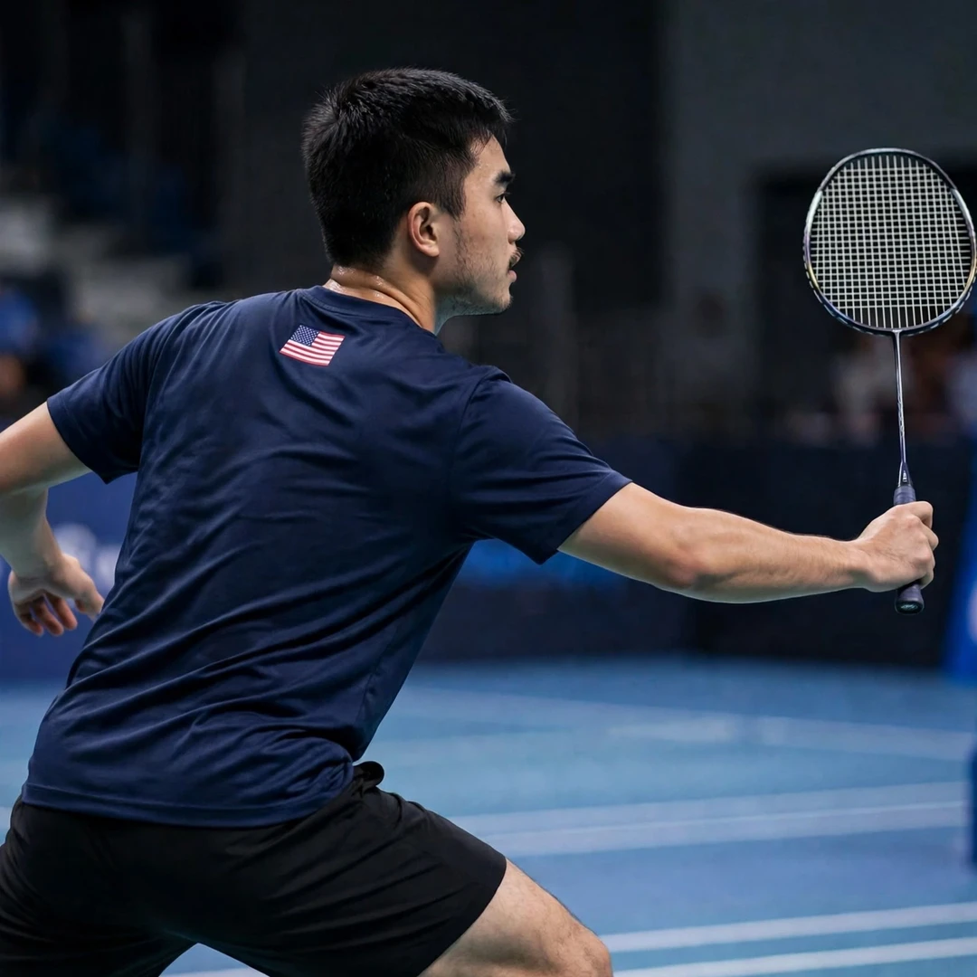 Enrico Keoni Asuncion playing a backhand clear in the deep backhand corner (AI-generated) Enrico Keoni Asuncion playing a backhand clear in the deep backhand corner (AI-generated)