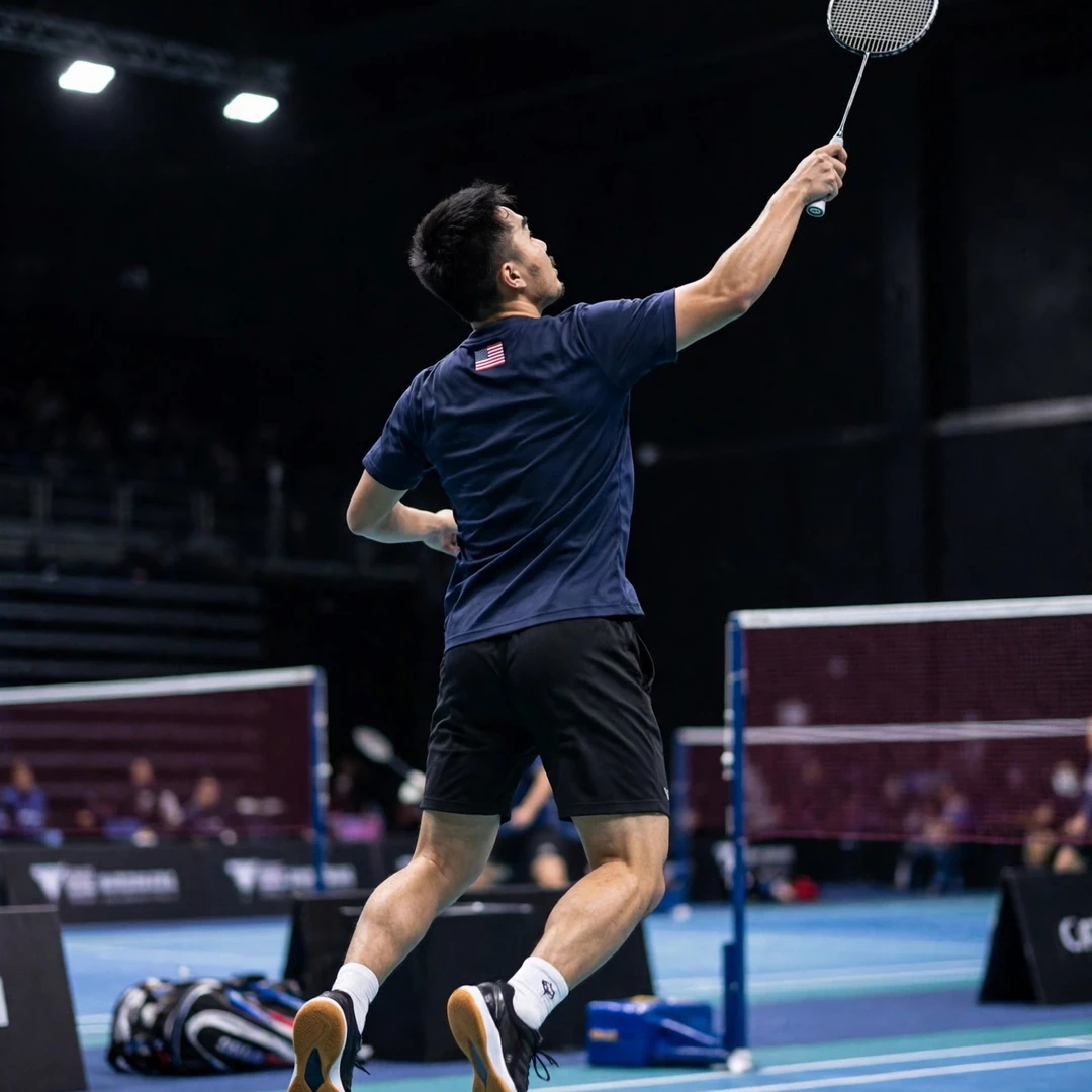 Enrico Keoni Asuncion playing a jump smash from the rear court, seen from behind (AI-generated) Enrico Keoni Asuncion playing a jump smash from the rear court, seen from behind (AI-generated)
