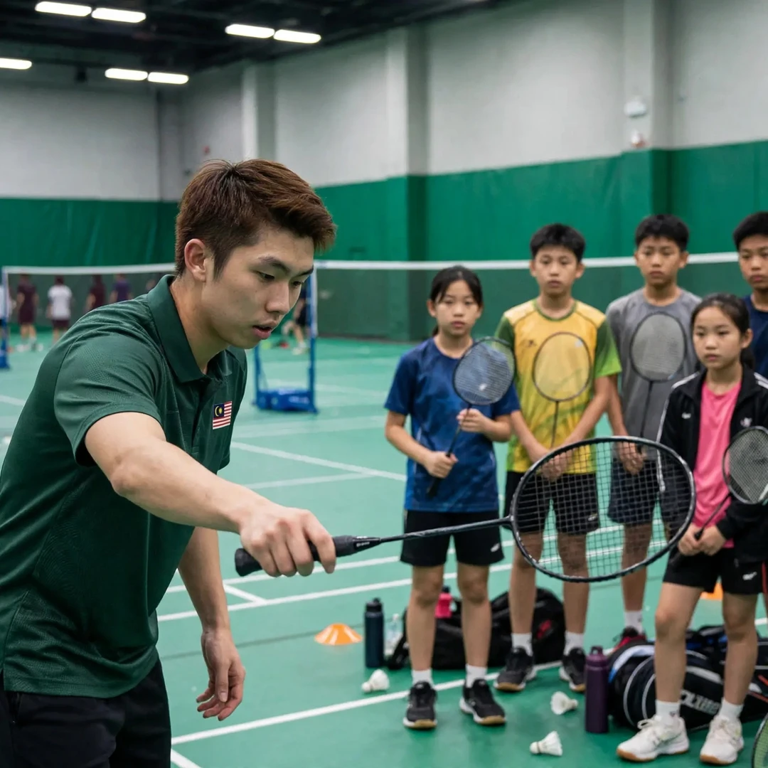 Eogene Ewe demonstrating technique to junior players at a badminton clinic (AI-generated) Eogene Ewe demonstrating technique to junior players at a badminton clinic (AI-generated)