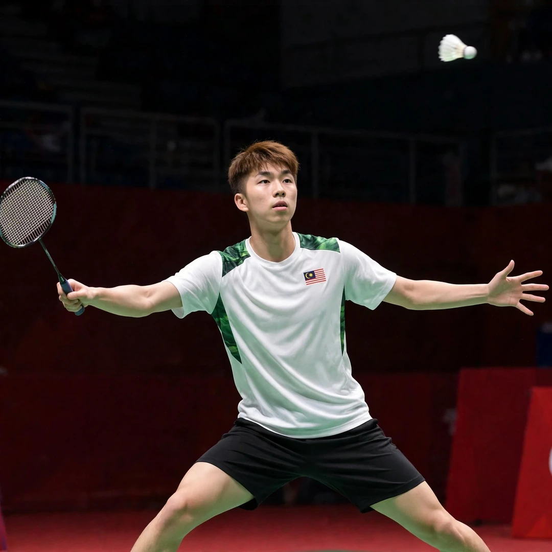 Eogene Ewe stretching for a forehand during his Korea Masters win over Lee Zii Jia (AI-generated) Eogene Ewe stretching for a forehand during his Korea Masters win over Lee Zii Jia (AI-generated)