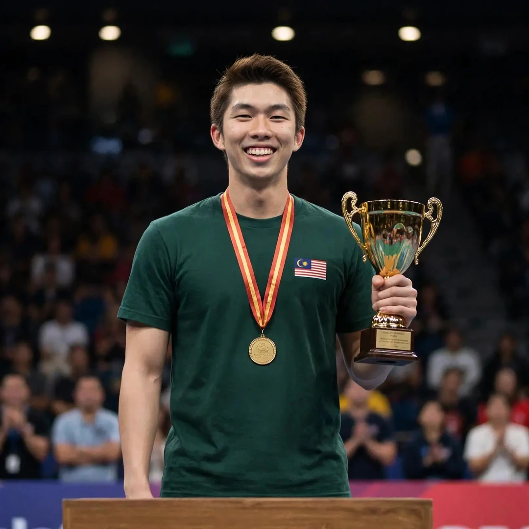 Eogene Ewe on the podium holding the Slovenia Open trophy, his first senior international title (AI-generated) Eogene Ewe on the podium holding the Slovenia Open trophy, his first senior international title (AI-generated)