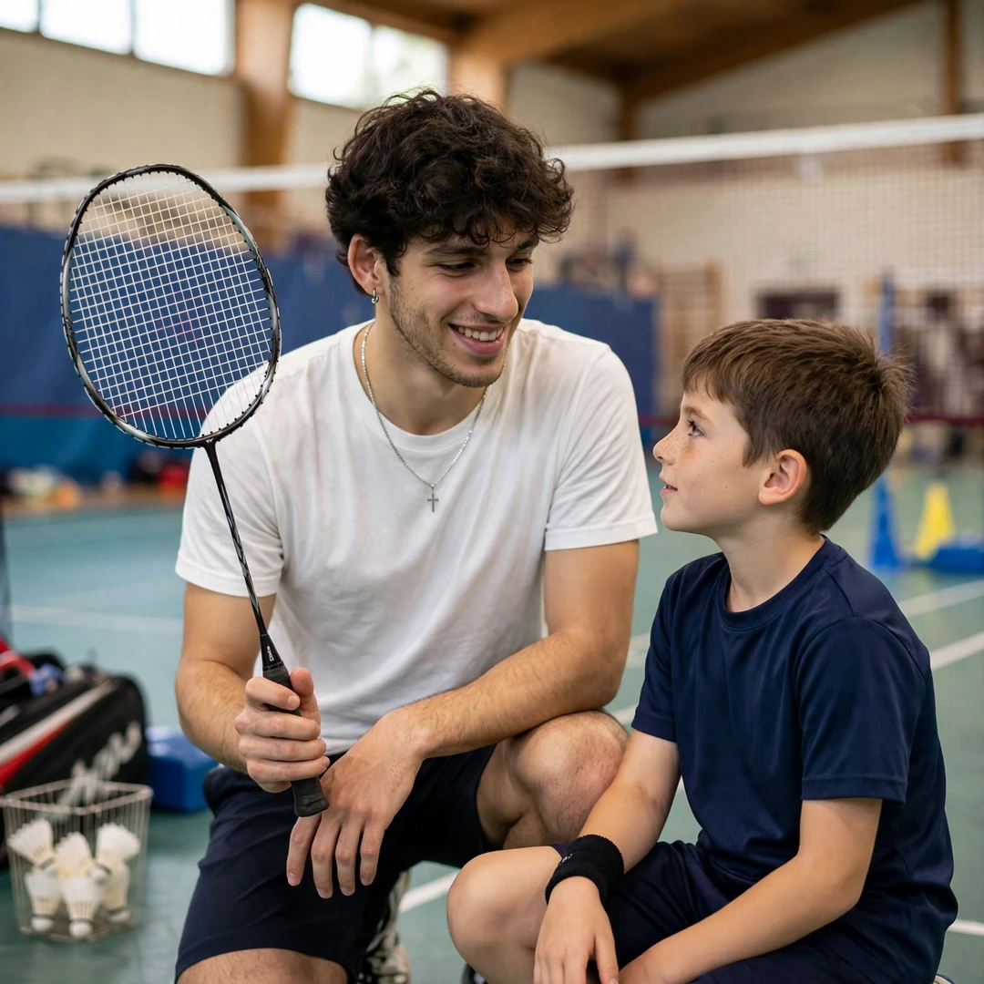 Fabio Caponio coaching a junior player at a badminton academy camp (AI-generated) Fabio Caponio coaching a junior player at a badminton academy camp (AI-generated)