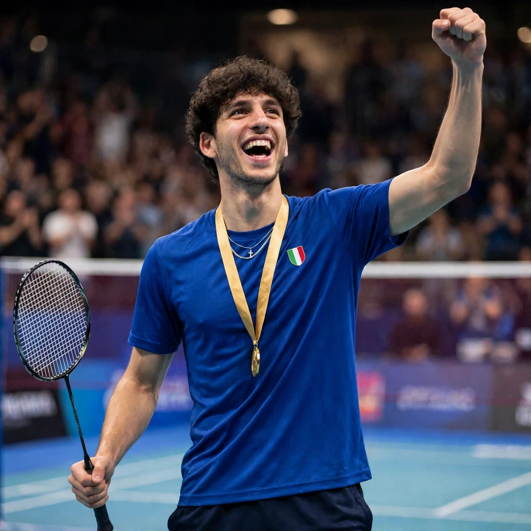 Fabio Caponio celebrating his Mediterranean Games gold medal with a fist pump, racket in his right hand (AI-generated) Fabio Caponio celebrating his Mediterranean Games gold medal with a fist pump, racket in his right hand (AI-generated)