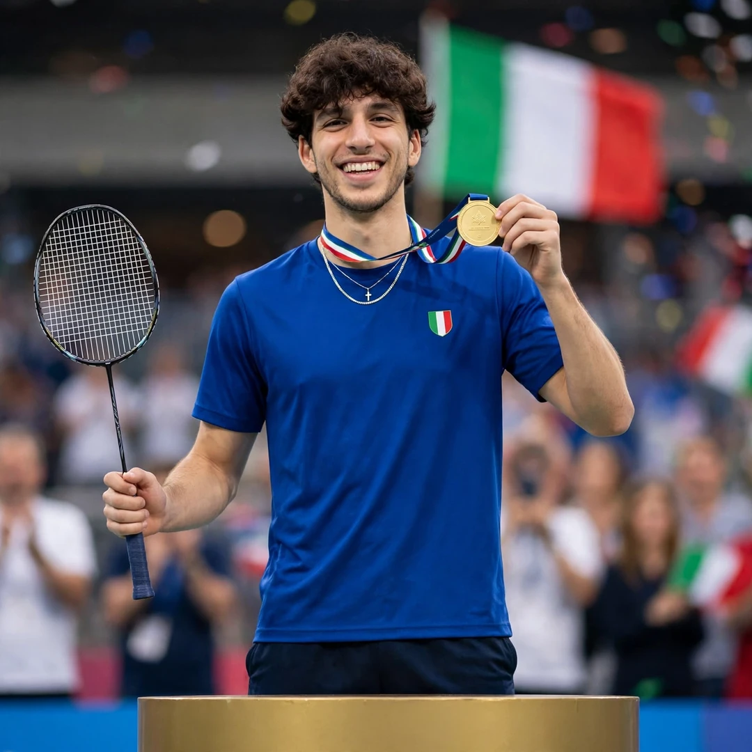 Fabio Caponio on the podium holding up his Mediterranean Games gold medal, racket in his right hand (AI-generated) Fabio Caponio on the podium holding up his Mediterranean Games gold medal, racket in his right hand (AI-generated)