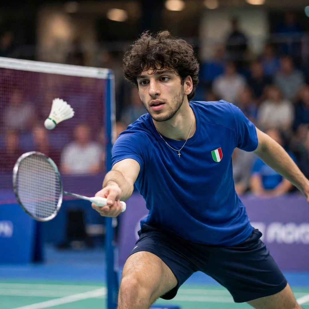 Fabio Caponio playing a net shot in the Mediterranean Games final at Taranto 2026 (AI-generated) Fabio Caponio playing a net shot in the Mediterranean Games final at Taranto 2026 (AI-generated)