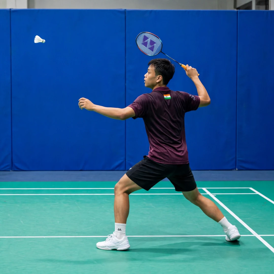 Ginpaul Sonna playing a backhand clear from the deep corner Ginpaul Sonna backhand shot (AI-generated)