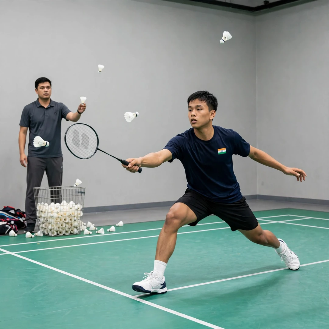 Ginpaul Sonna training with multi-shuttle drills on the Indian circuit Ginpaul Sonna training session (AI-generated)