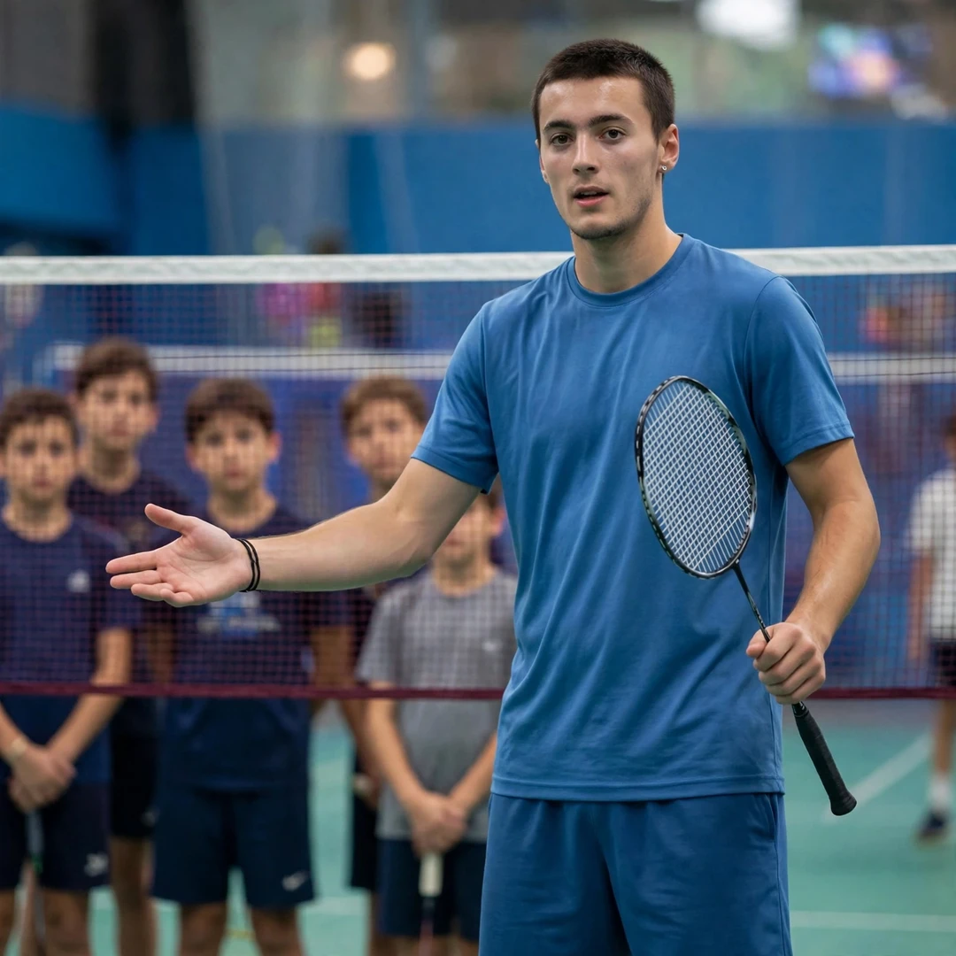 Giovanni Toti demonstrating a net shot to junior players at a badminton clinic (AI-generated) Giovanni Toti demonstrating a net shot to junior players at a badminton clinic (AI-generated)