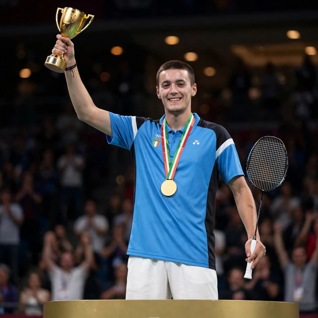 Giovanni Toti on the top step of the podium with a trophy and gold medal (AI-generated) Giovanni Toti on the top step of the podium with a trophy and gold medal (AI-generated)