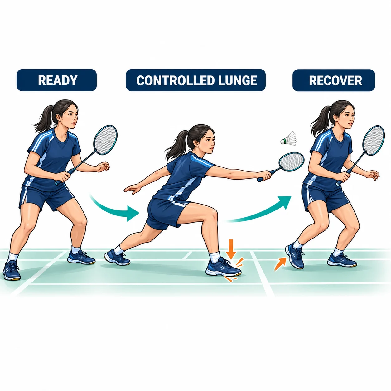 Educational illustration of a controlled badminton lunge and recovery