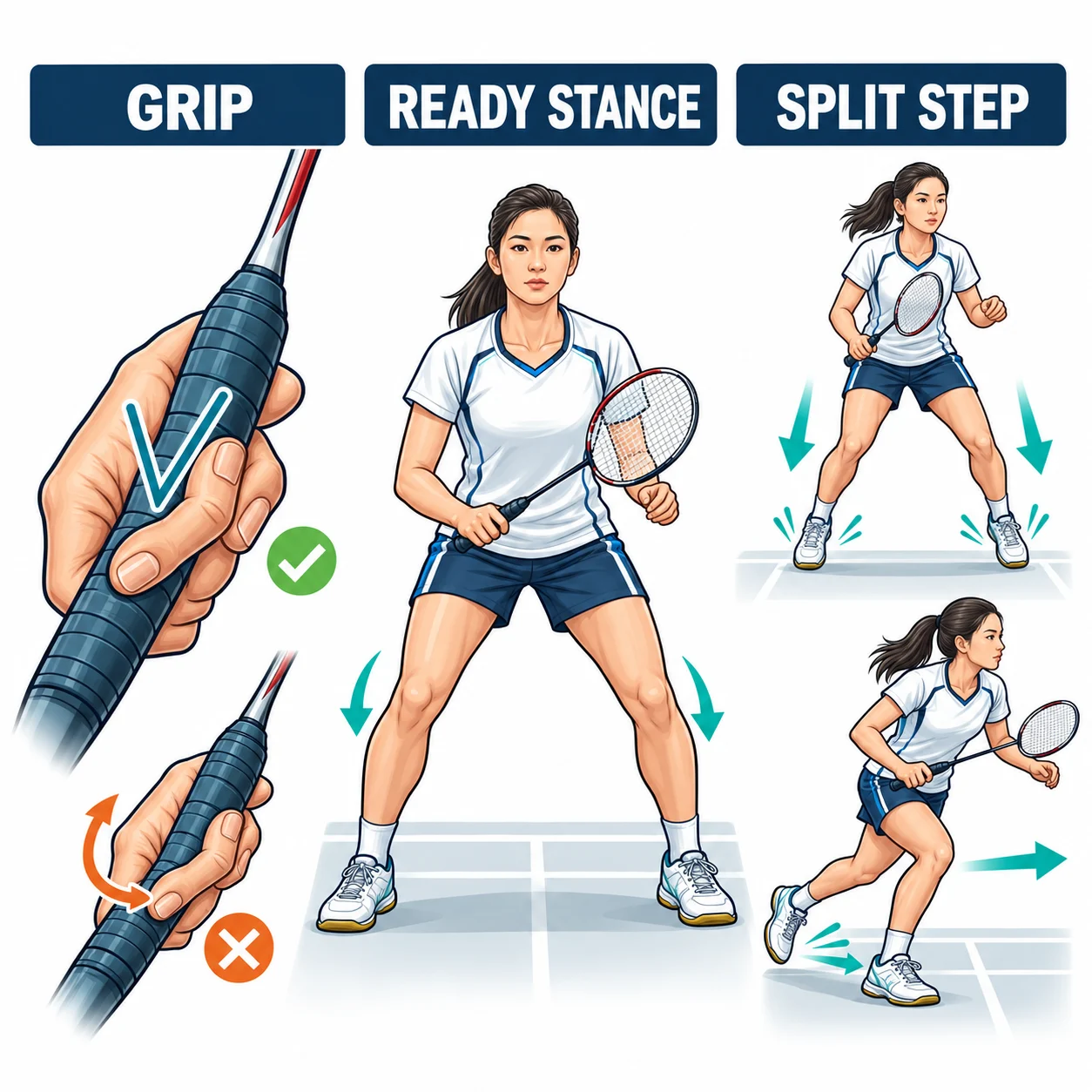 Educational illustration of badminton grip, ready stance and split-step movement