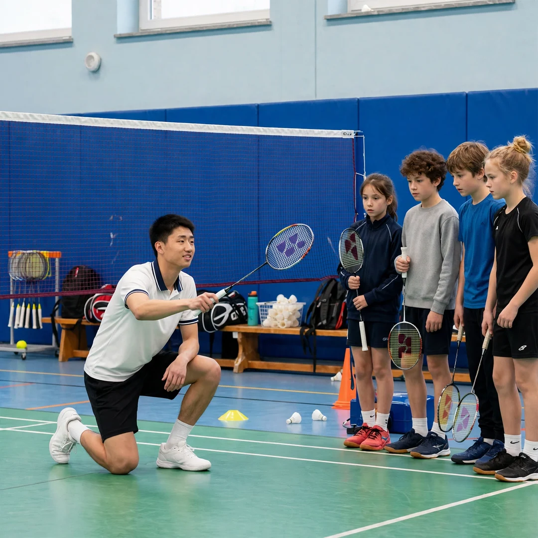 Harry Huang Harry Huang demonstrating a net shot to junior players at a badminton clinic (AI-generated)
